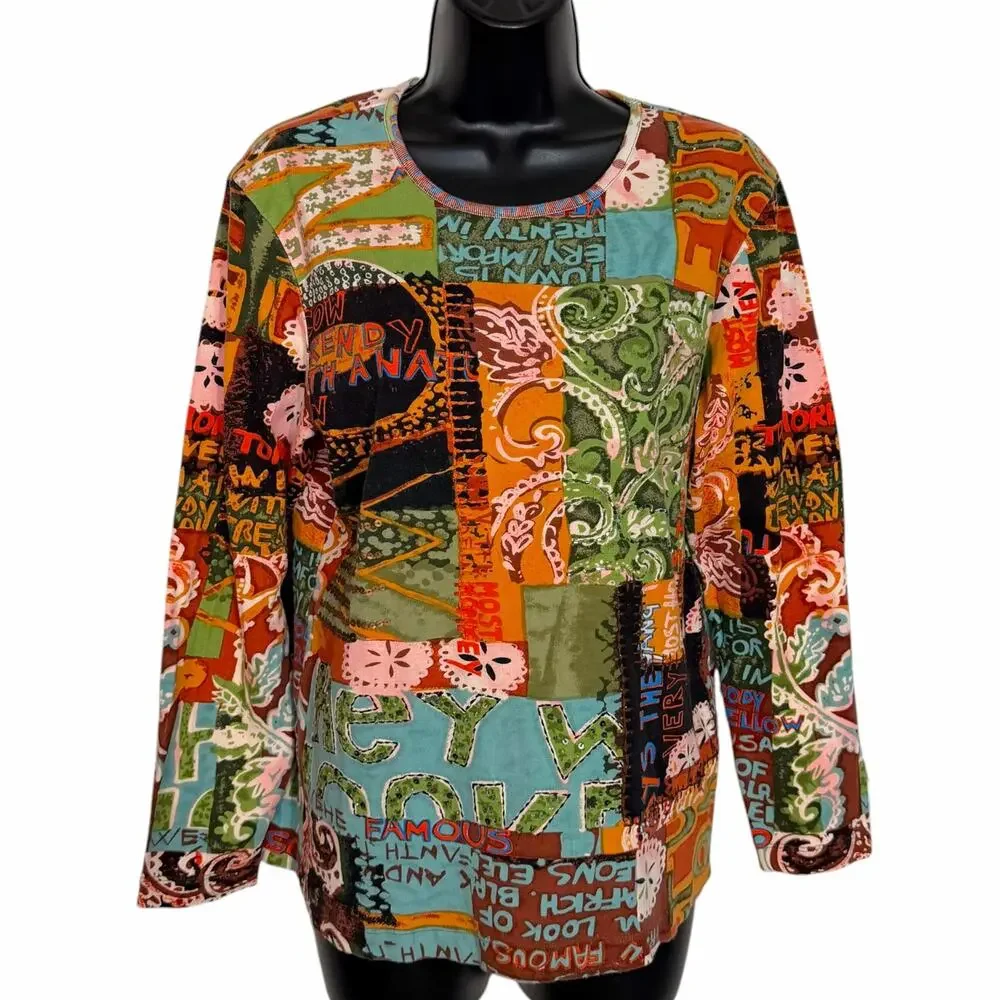 VTG Chico's Abstract Pop Art Patchwork Knit Top Size 2 Large Colorful Whimsical